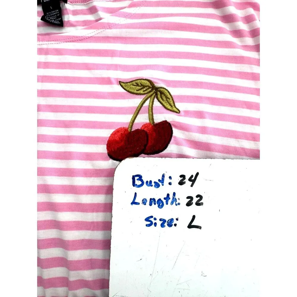 Rue 21 cropped t shirt pink stripes cherry summer casual beach vacation women L - Picture 5 of 5